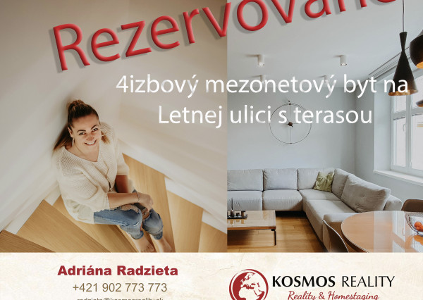 REZERVOVANE - EXKLUZÍVNY 4izbový mezonetový byt na Letnej ulici s terasou